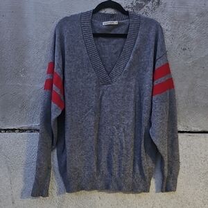 Carmar V-Neck Sweater in Gray with Red Stripes